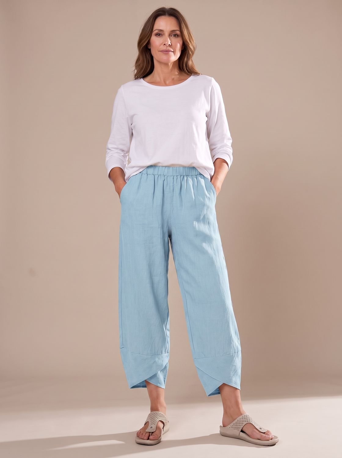 Women's Linen Trousers Relaxed-Fit Elastic Waist Cropped Pants