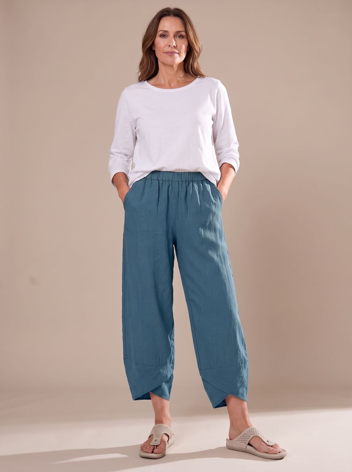 Women's Linen Trousers Relaxed-Fit Elastic Waist Cropped Pants