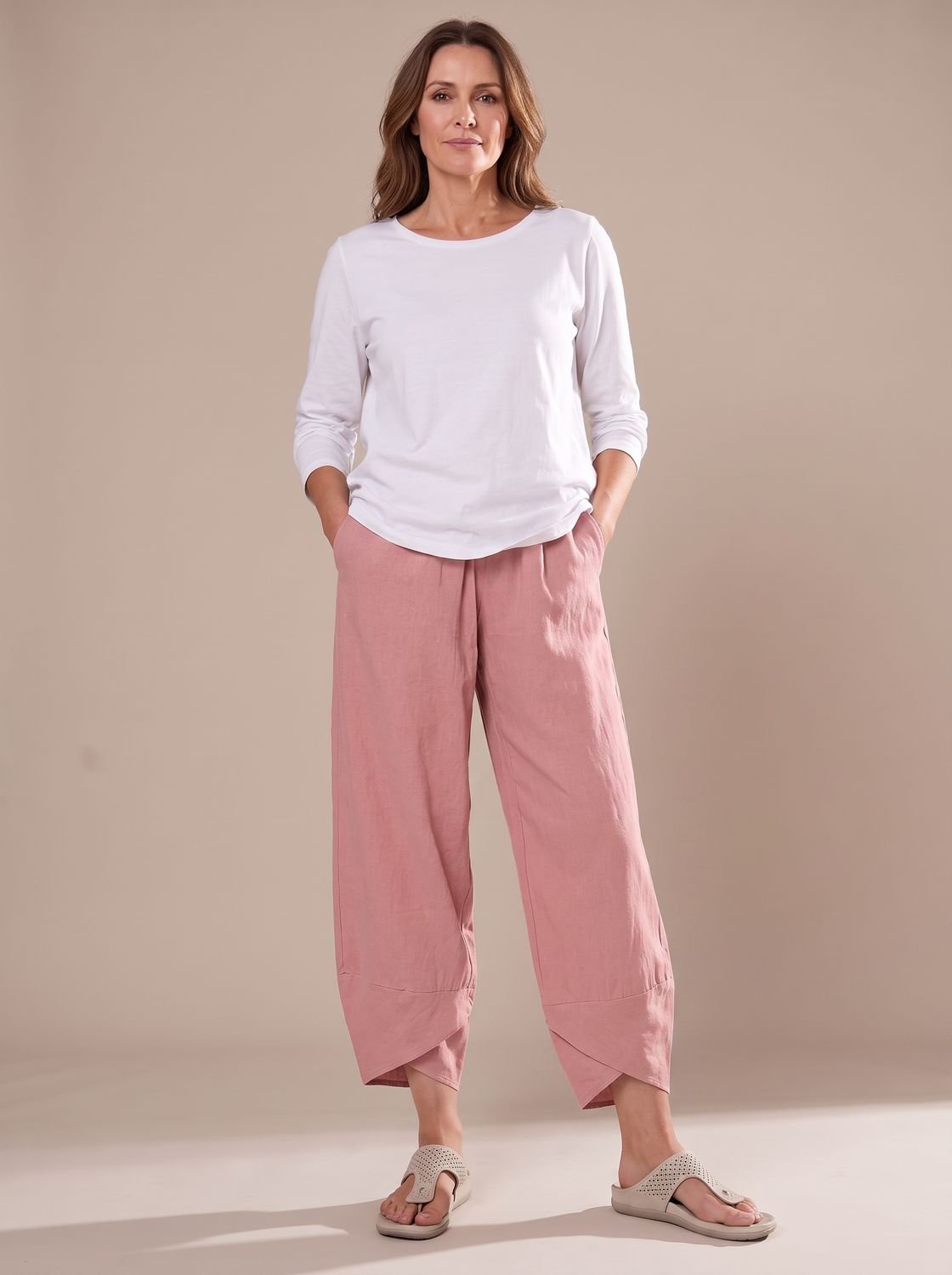 Women's Linen Trousers Relaxed-Fit Elastic Waist Cropped Pants - Pink