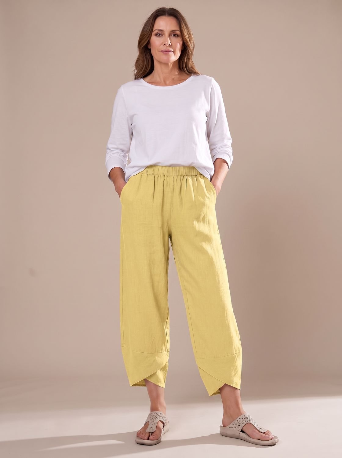 Women's Linen Trousers Relaxed-Fit Elastic Waist Cropped Pants - Yellow