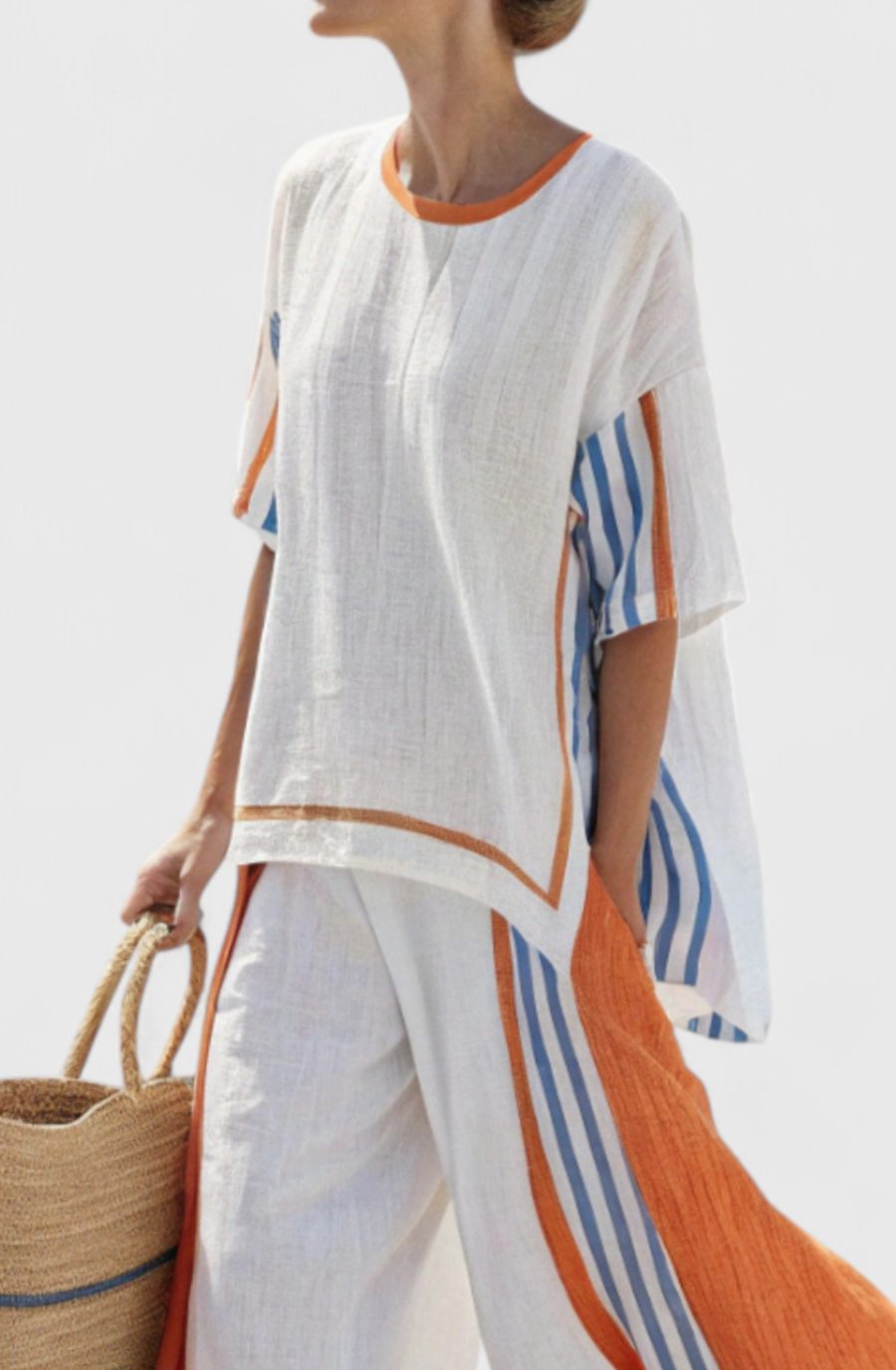 Women's Linen Wide-Leg Striped Two-Piece Top and Pants Set