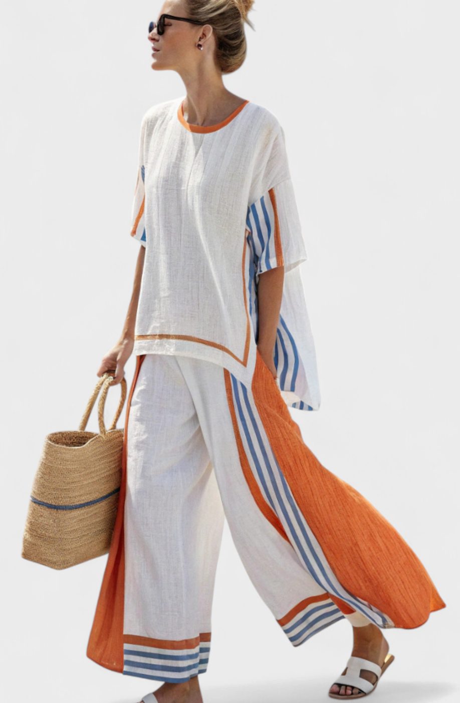 Women's Linen Wide-Leg Striped Two-Piece Top and Pants Set - Multi Coloured Stripes