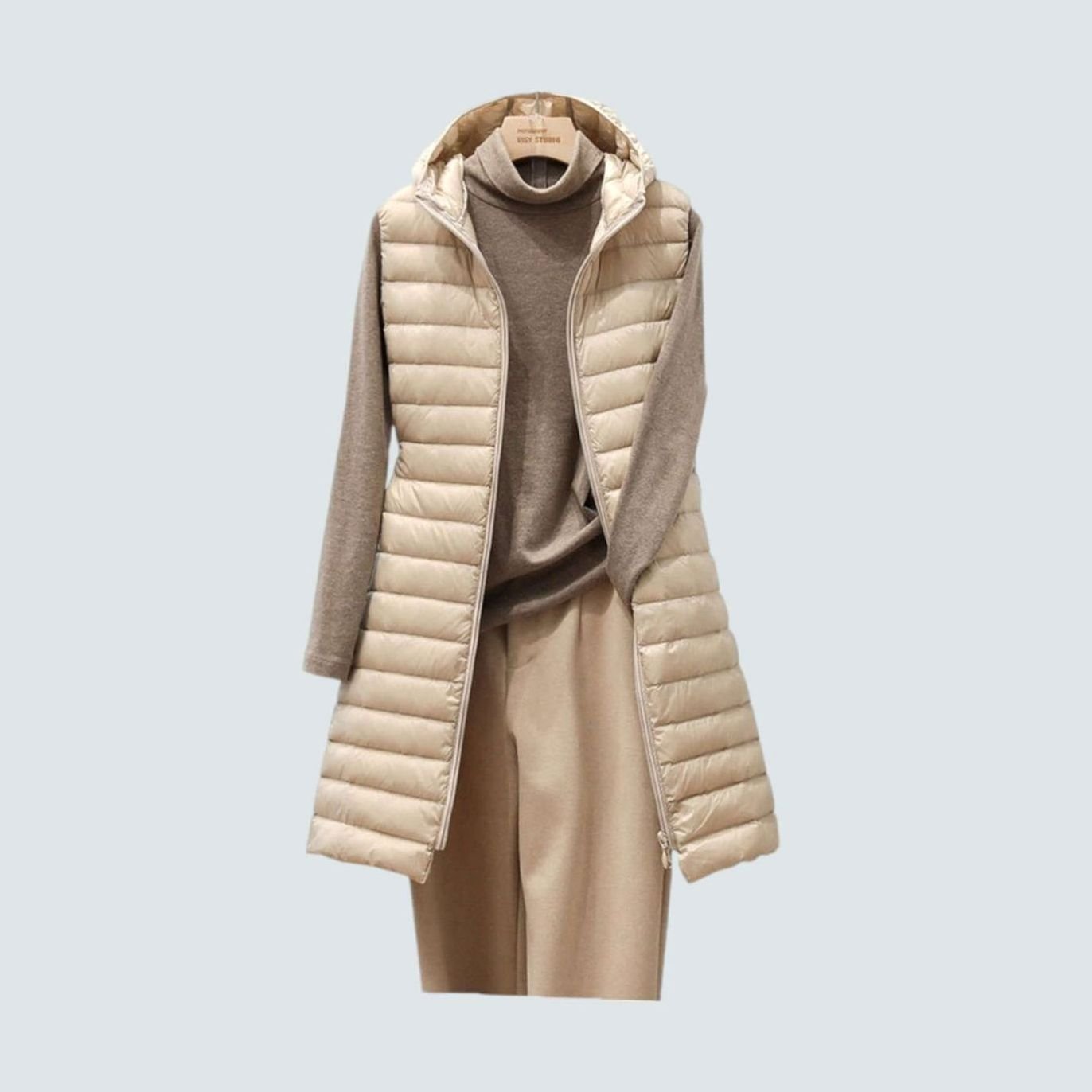 Women's Long Quilted Hooded Puffer Vest Blazer - Khaki