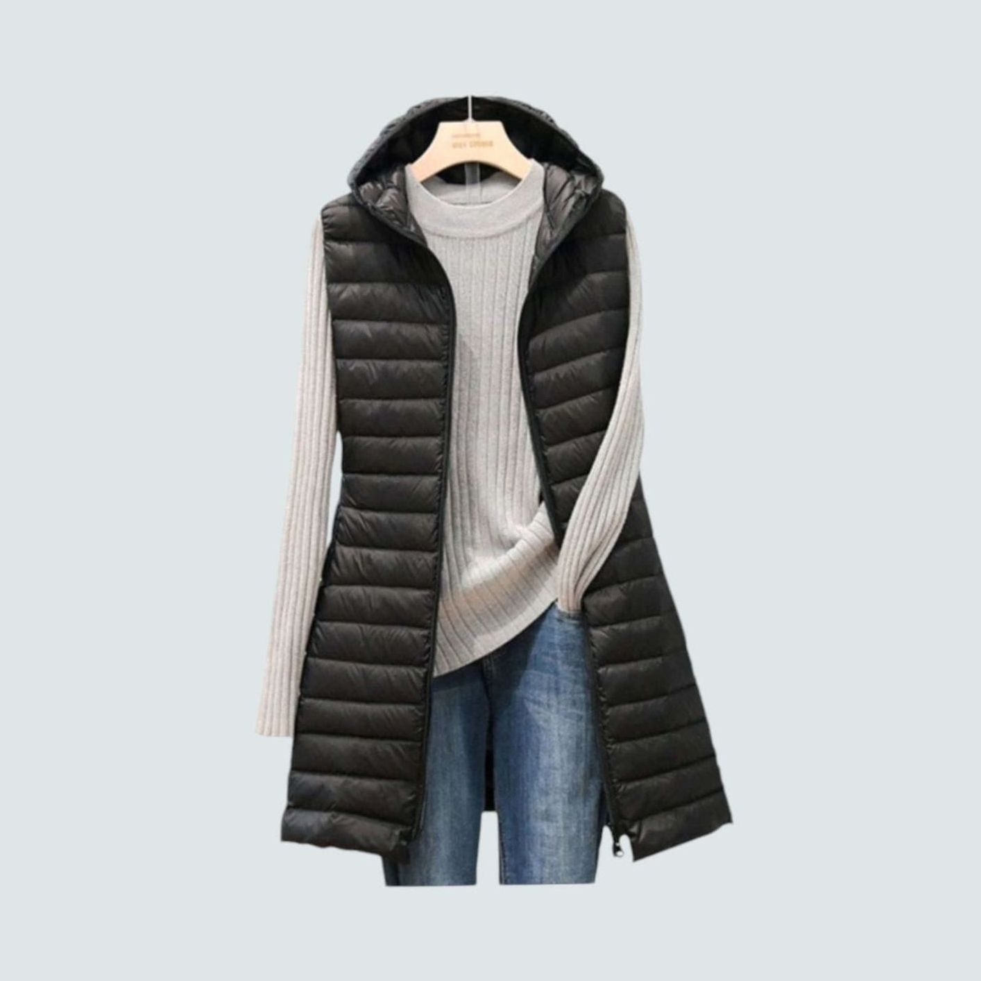 Women's Long Quilted Hooded Puffer Vest Blazer - Black