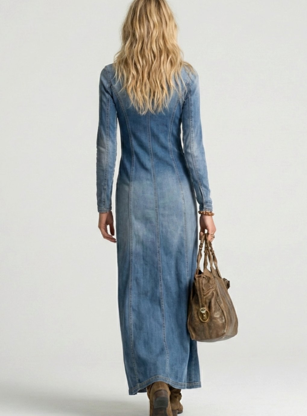Women's Long Sleeve Button-Front Denim Maxi Dress