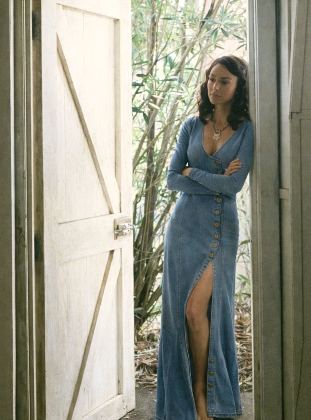 Women's Long Sleeve Button-Front Denim Maxi Dress