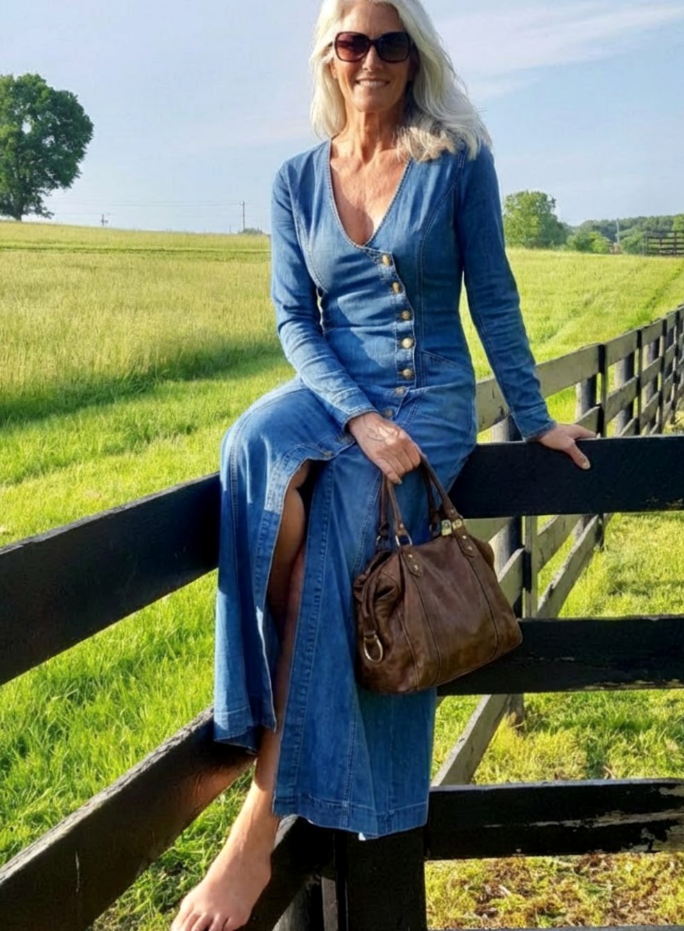 Women's Long Sleeve Button-Front Denim Maxi Dress
