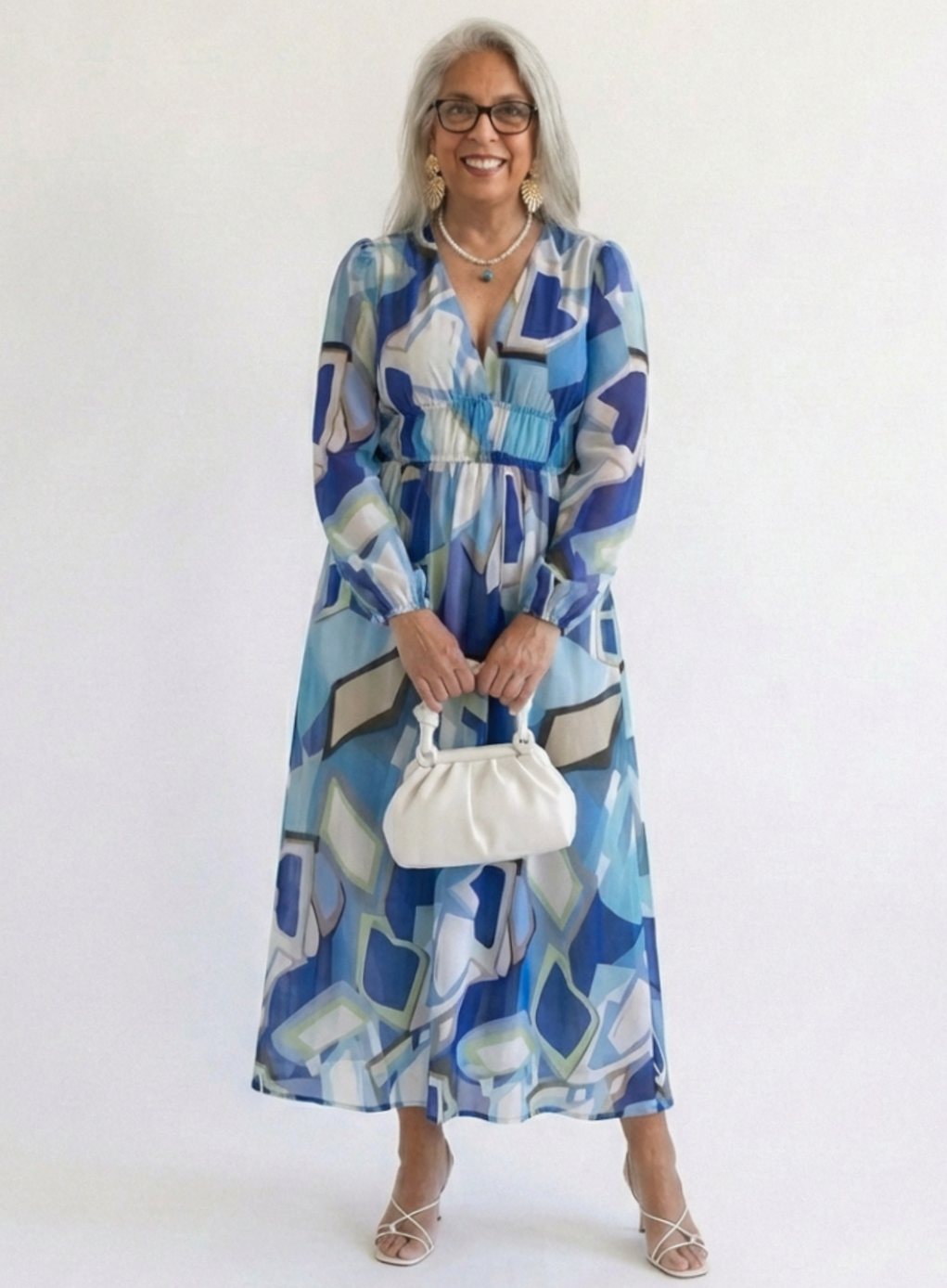 Women's Long Sleeve Floral Maxi Spring Dress V-Neck Tiered Chiffon