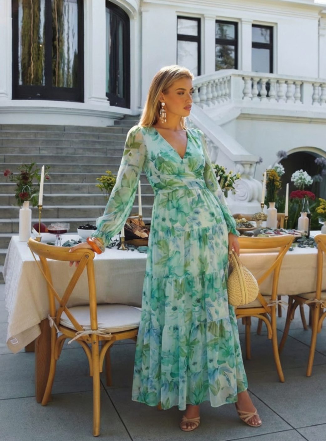 Women's Long Sleeve Floral Maxi Spring Dress V-Neck Tiered Chiffon