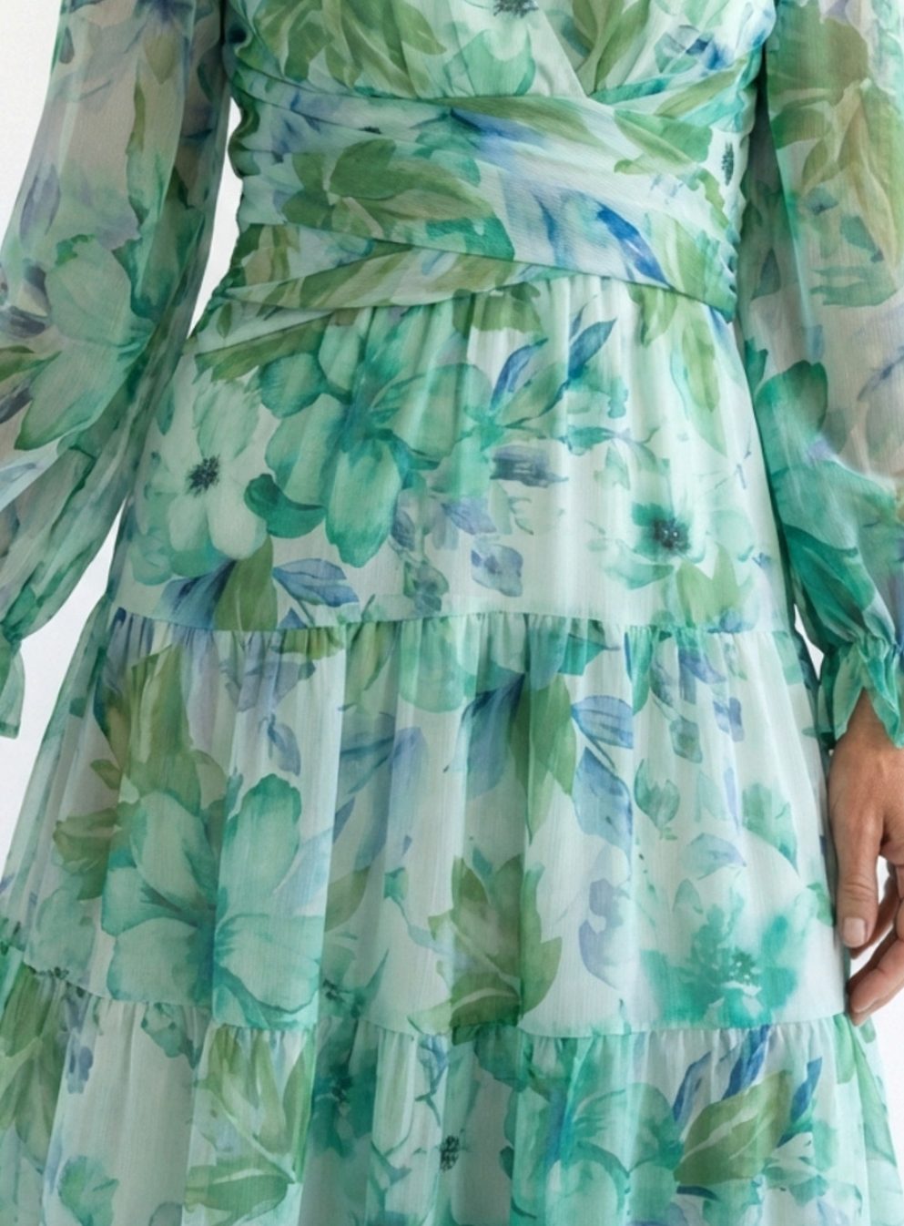Women's Long Sleeve Floral Maxi Spring Dress V-Neck Tiered Chiffon