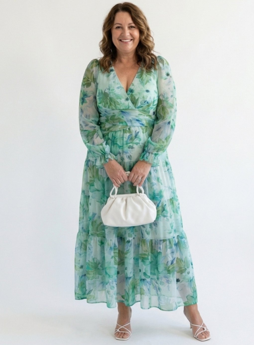 Women's Long Sleeve Floral Maxi Spring Dress V-Neck Tiered Chiffon