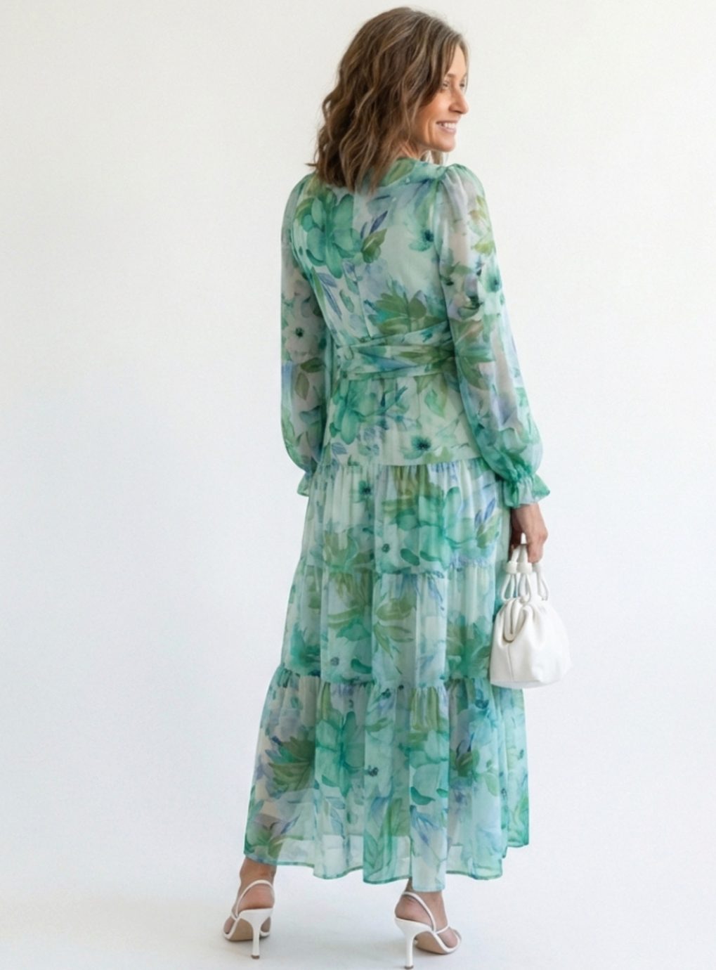 Women's Long Sleeve Floral Maxi Spring Dress V-Neck Tiered Chiffon