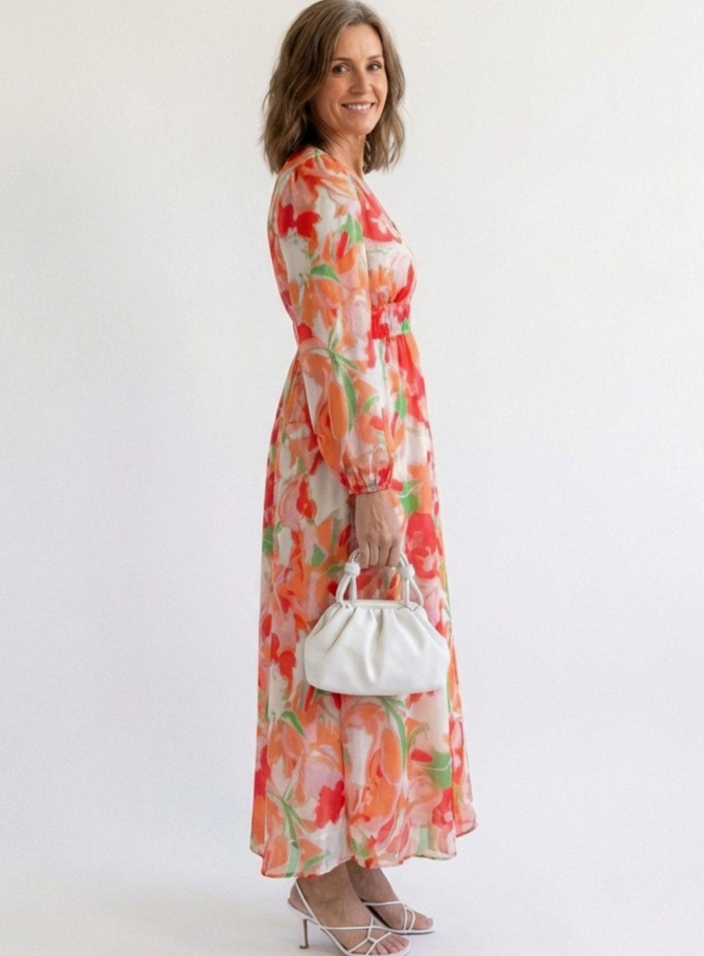 Women's Long Sleeve Floral Maxi Spring Dress V-Neck Tiered Chiffon