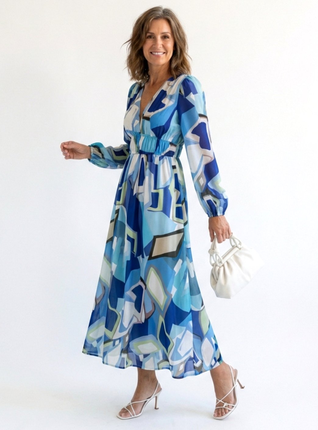 Women's Long Sleeve Floral Maxi Spring Dress V-Neck Tiered Chiffon - Blue