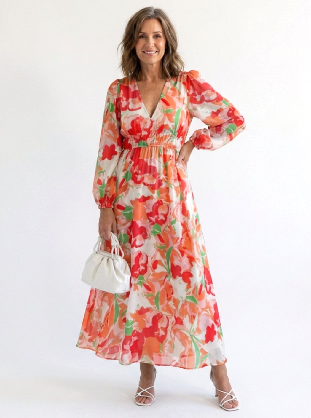 Women's Long Sleeve Floral Tiered Chiffon Maxi Spring Dress - Orange