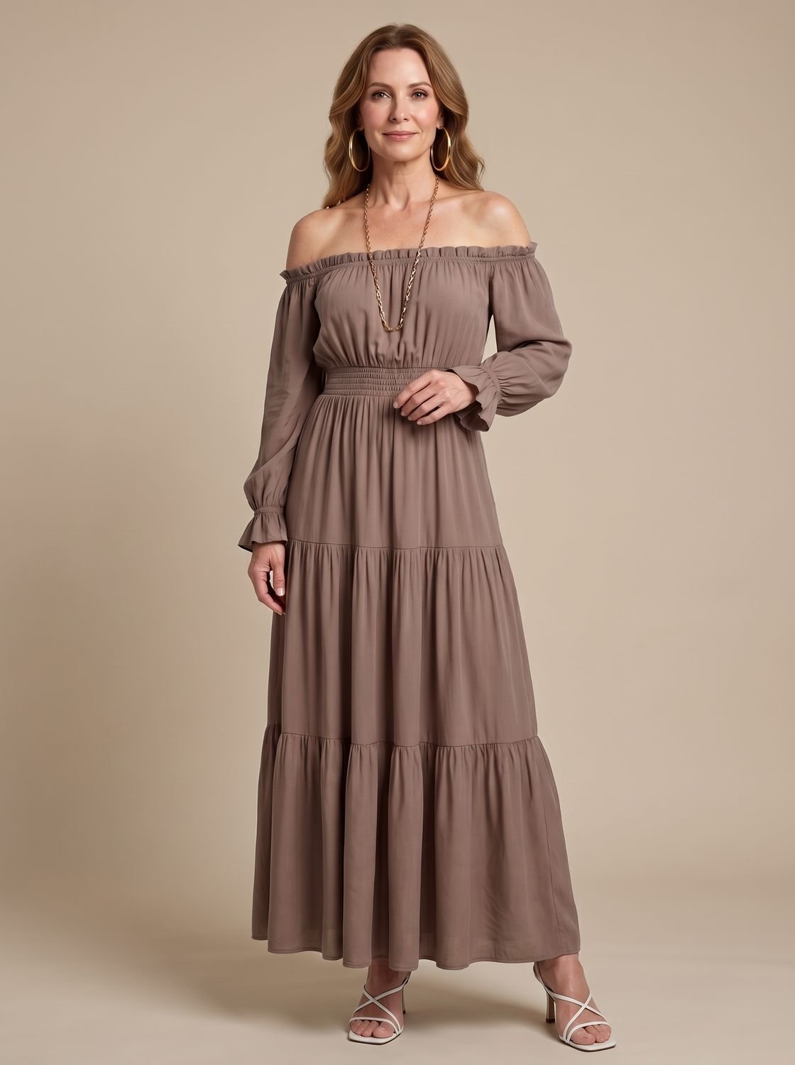 Women's Long Sleeve Off-Shoulder Side Slit Midi Dress - Brown