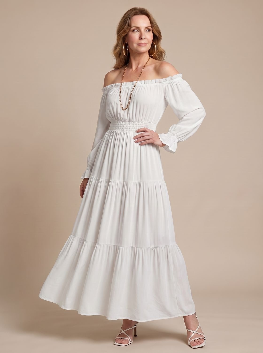 Women's Long Sleeve Off-Shoulder Side Slit Midi Dress - White