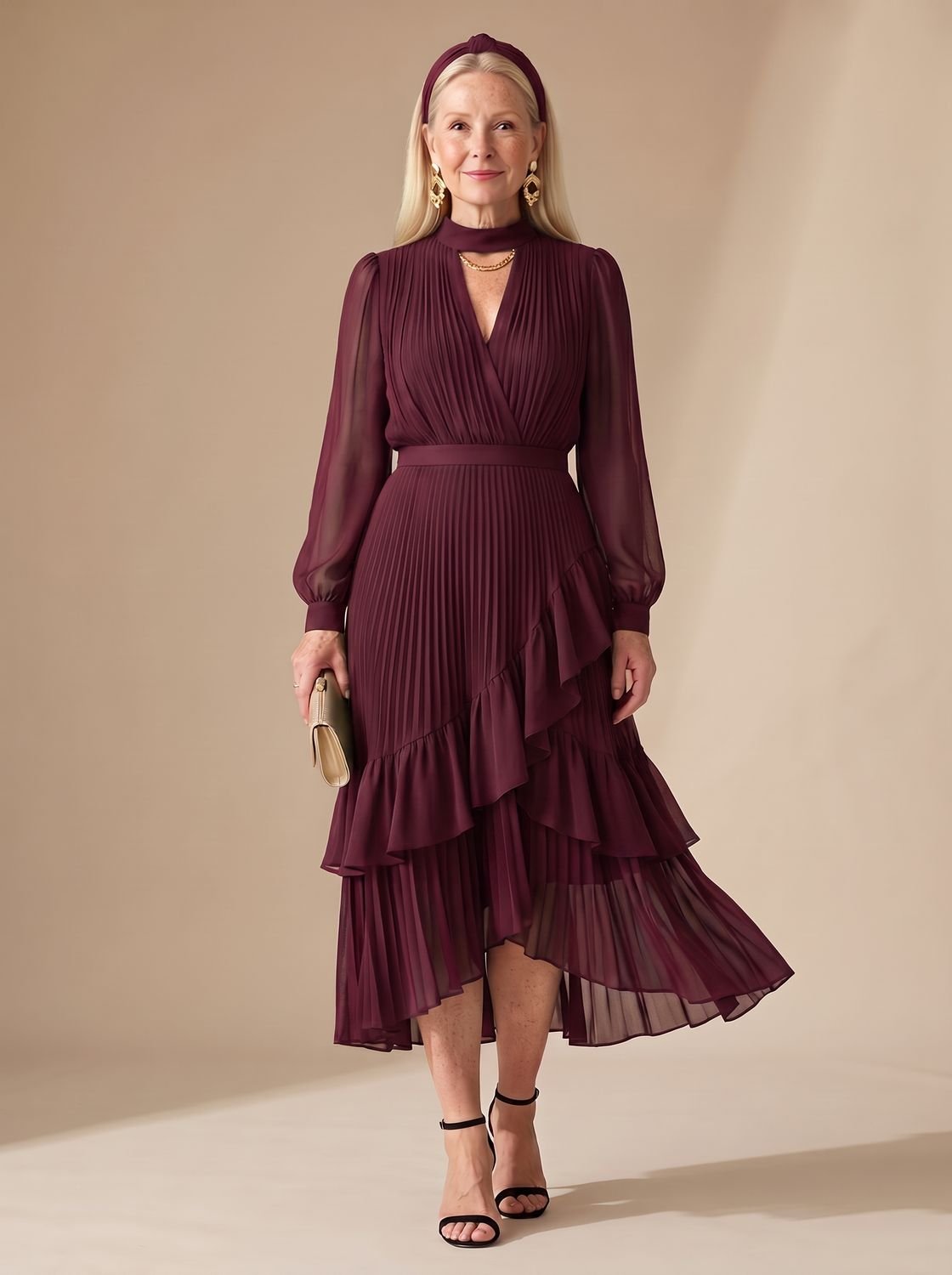 Women's Long Sleeve Pleated Drape Midi Dress Choker Neck Ruffle Hem