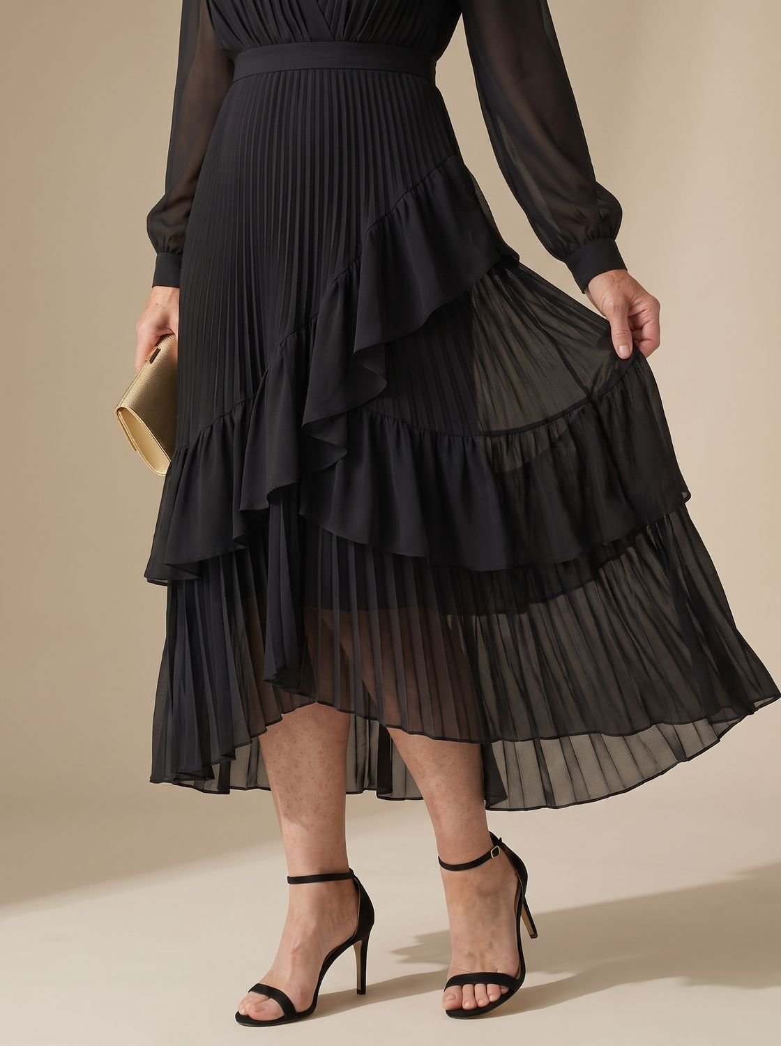 Women's Long Sleeve Pleated Drape Midi Dress Choker Neck Ruffle Hem