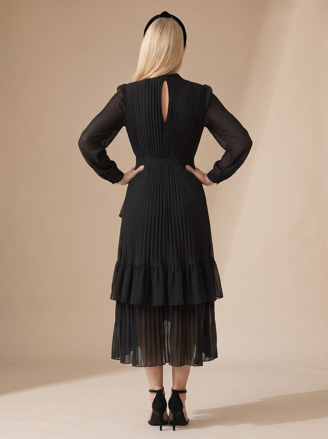 Women's Long Sleeve Pleated Drape Midi Dress Choker Neck Ruffle Hem