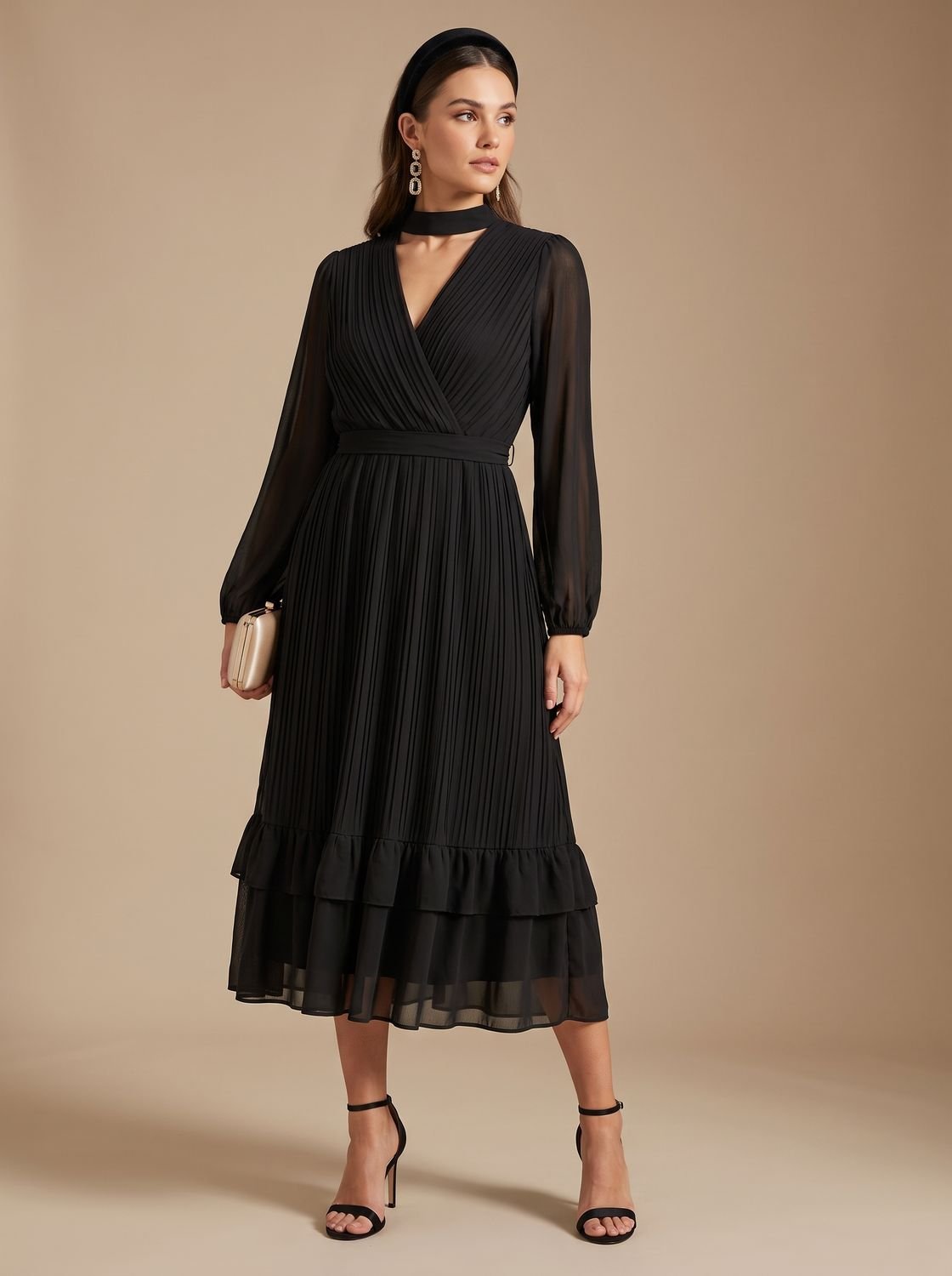 Women's Long Sleeve Pleated Drape Midi Dress Choker Neck Ruffle Hem