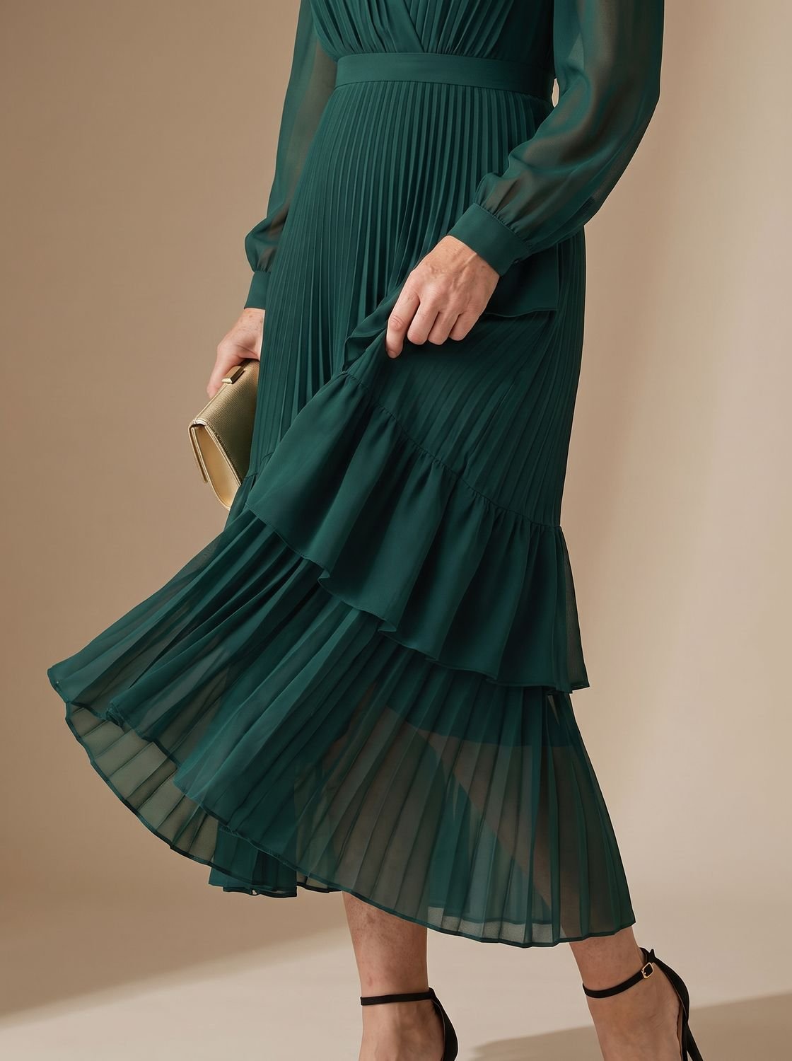 Women's Long Sleeve Pleated Drape Midi Dress Choker Neck Ruffle Hem