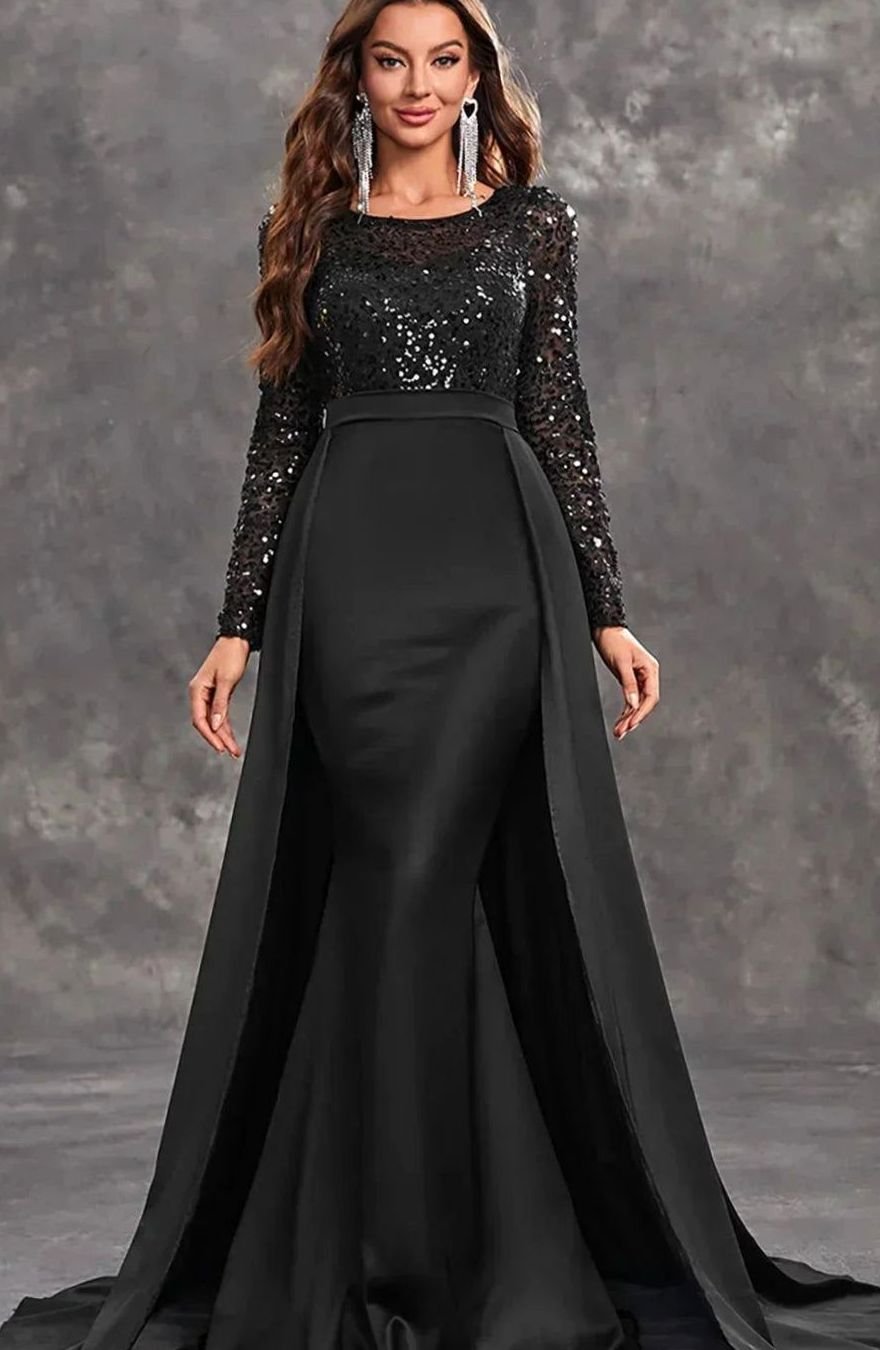 Women's Long-Sleeve Sequin Formal Maxi Gown Flowing Overskirt - Black