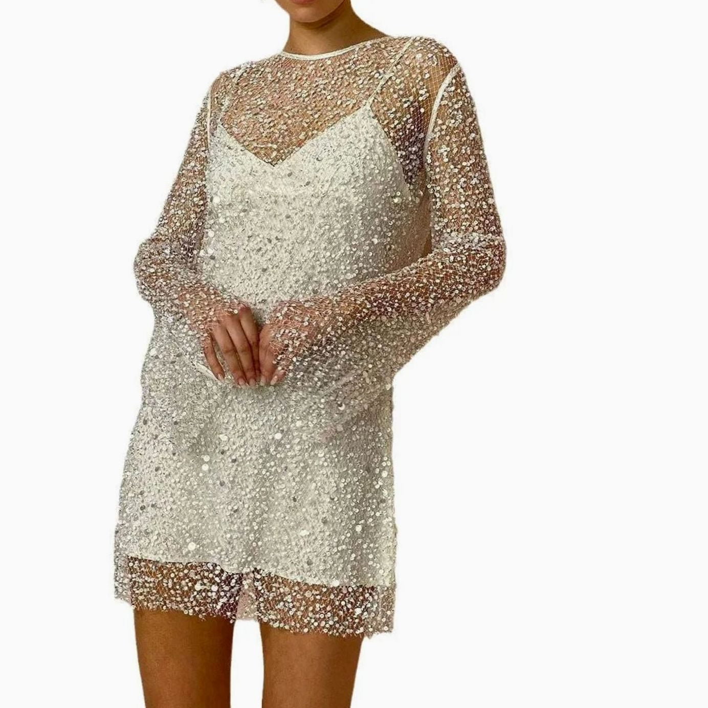 Women's Long-Sleeve Sparkly Mini Sequin Dress - White