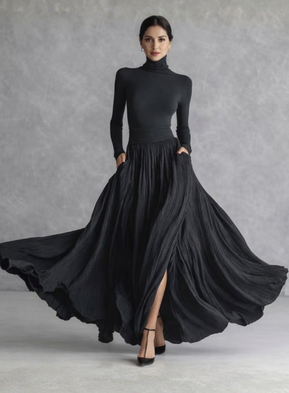 Women's Long Sleeve Turtleneck Pleated Maxi Dress with Pockets - Black