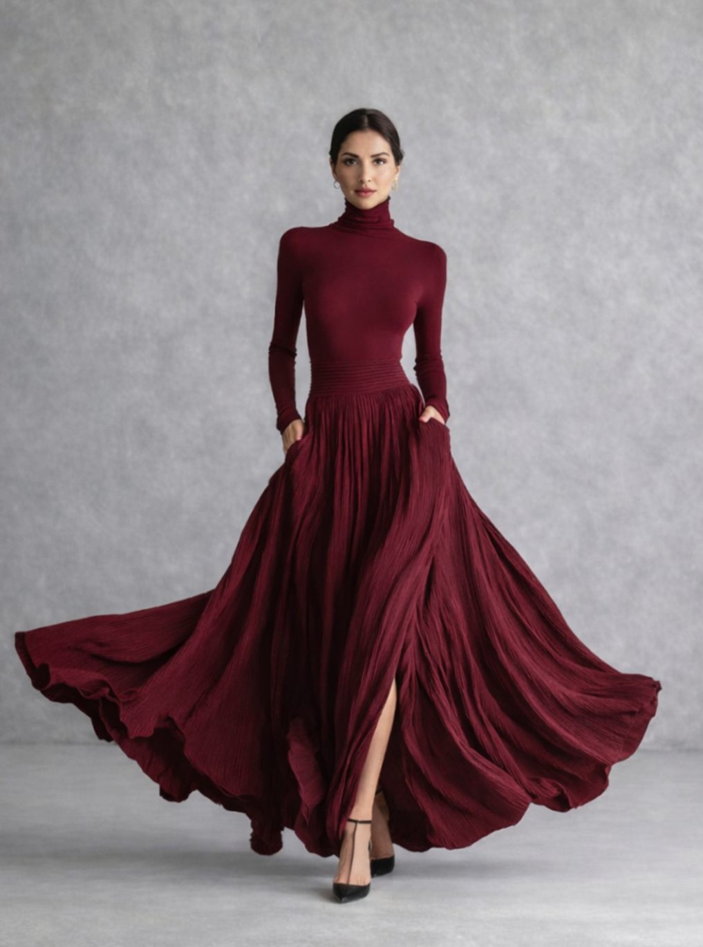 Women's Long Sleeve Turtleneck Pleated Maxi Dress with Pockets - Burgundy