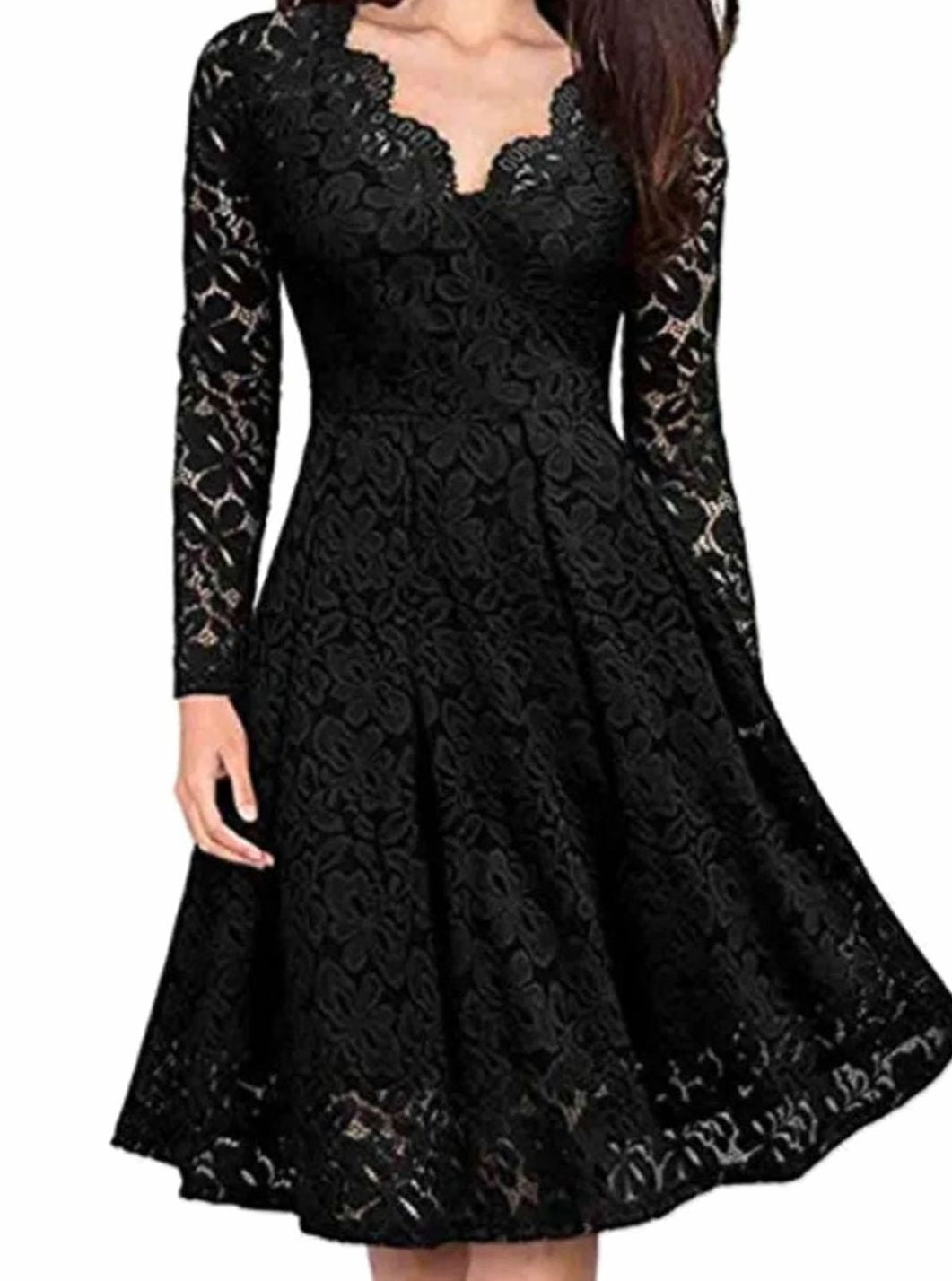 Women's Long-Sleeve V-Neck Floral Lace A-Line Midi Dress - Black