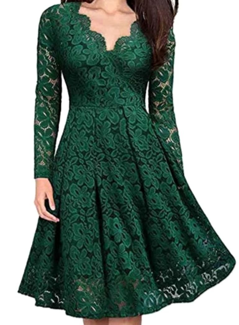 Women's Long-Sleeve V-Neck Floral Lace A-Line Midi Dress - Green