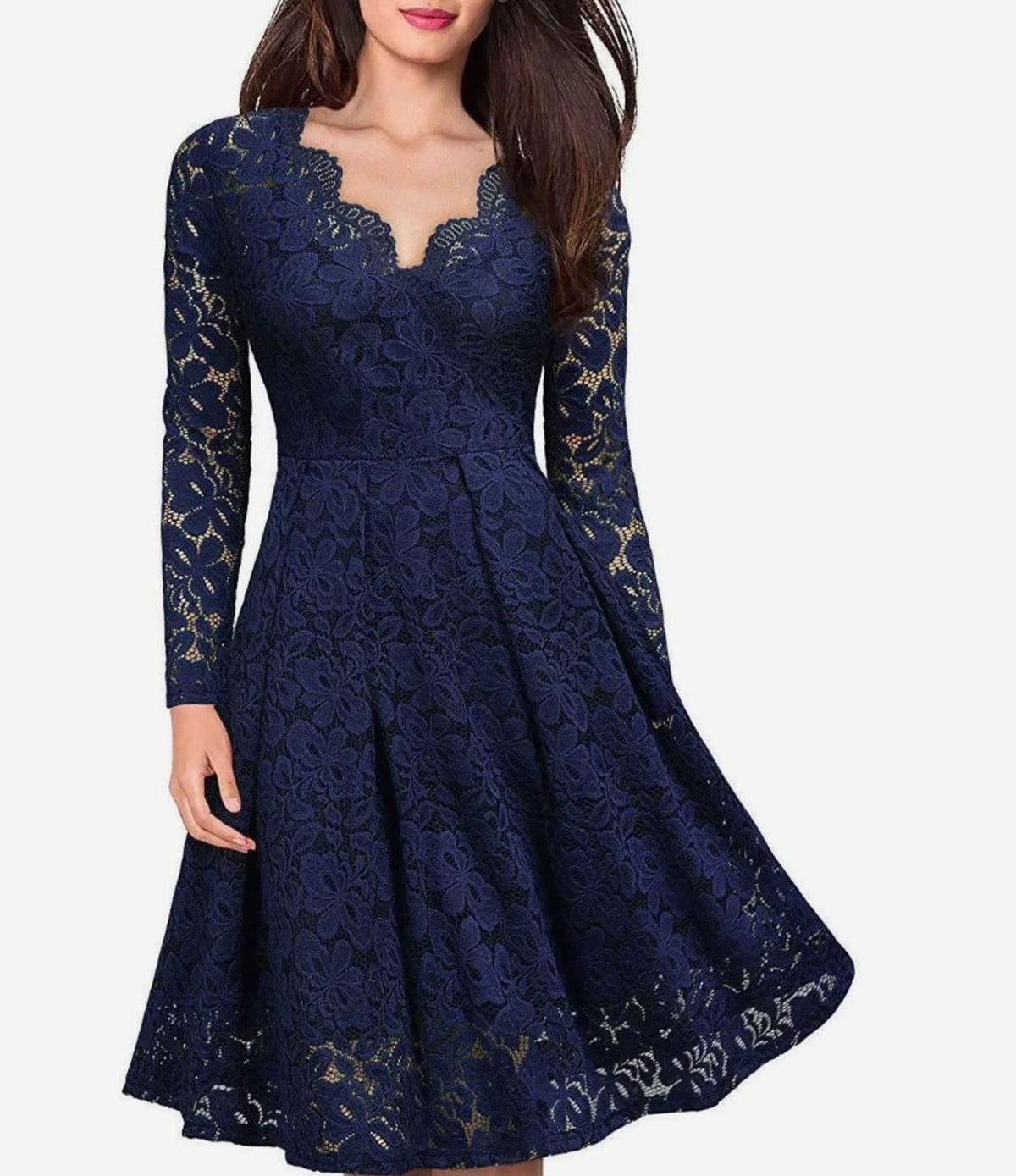 Women's Long-Sleeve V-Neck Floral Lace A-Line Midi Dress - Blue