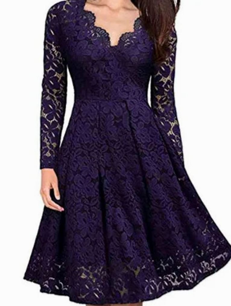 Women's Long-Sleeve V-Neck Floral Lace A-Line Midi Dress - Purple