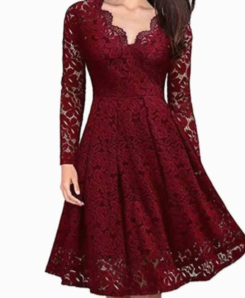 Women's Long-Sleeve V-Neck Floral Lace A-Line Midi Dress - Red