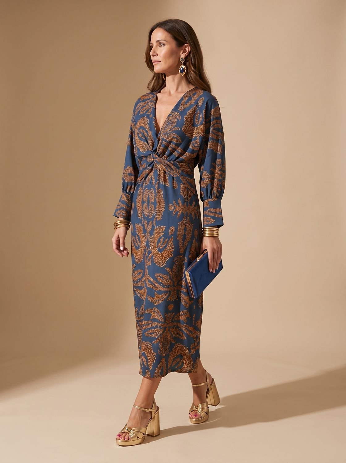 Women's Long-Sleeve V-Neck Printed A-Line Maxi Dress - Blue