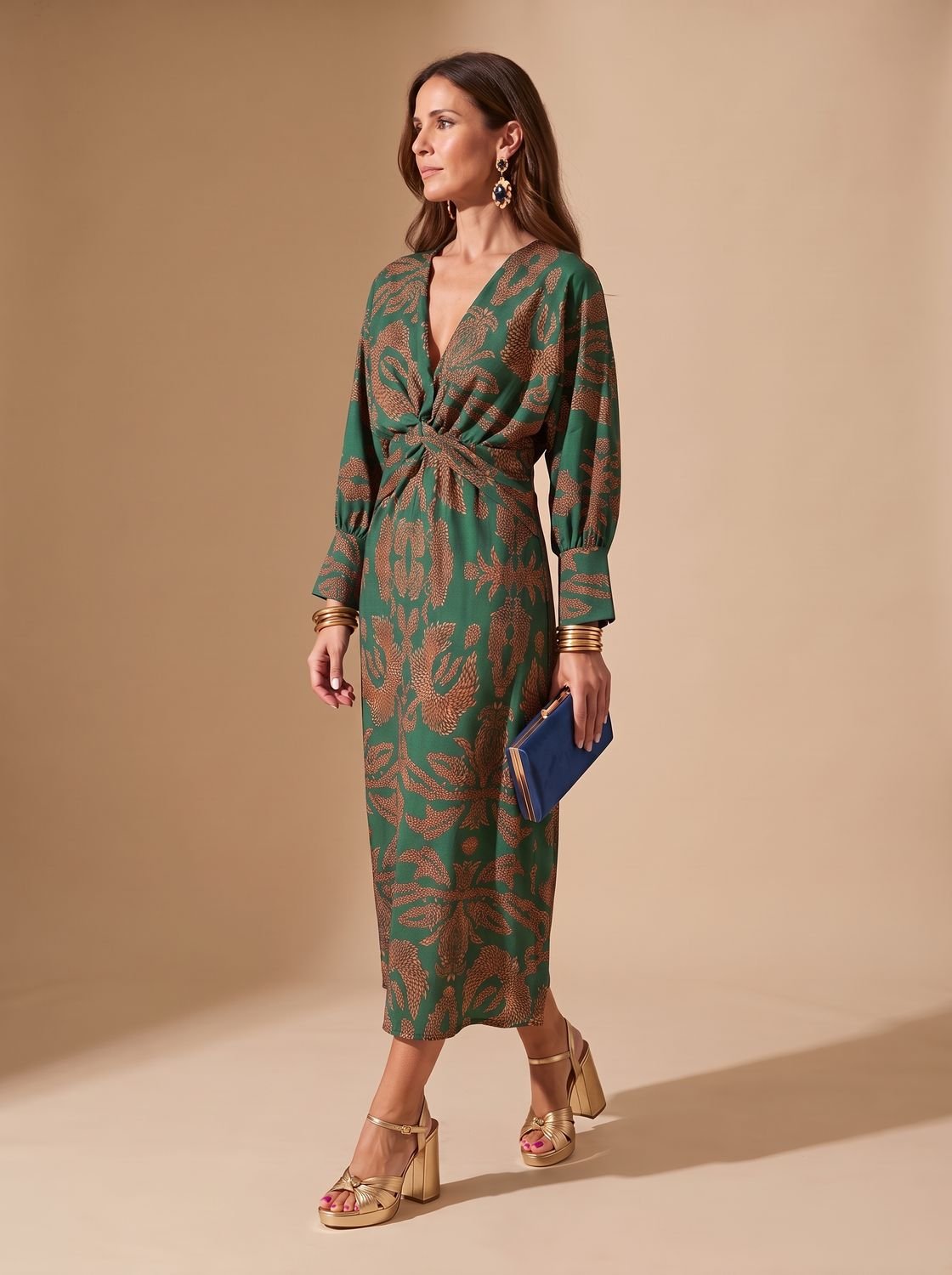 Women's Long-Sleeve V-Neck Printed A-Line Maxi Dress - Green