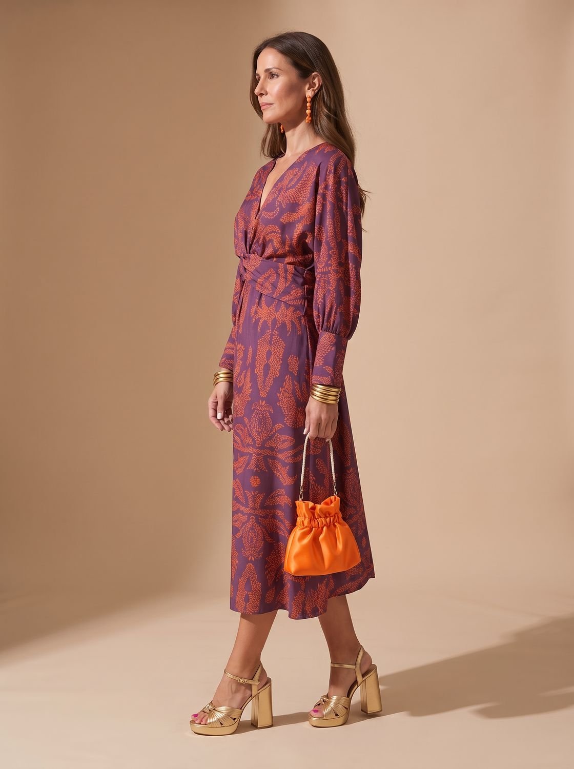 Women's Long-Sleeve V-Neck Printed A-Line Maxi Dress - Purple