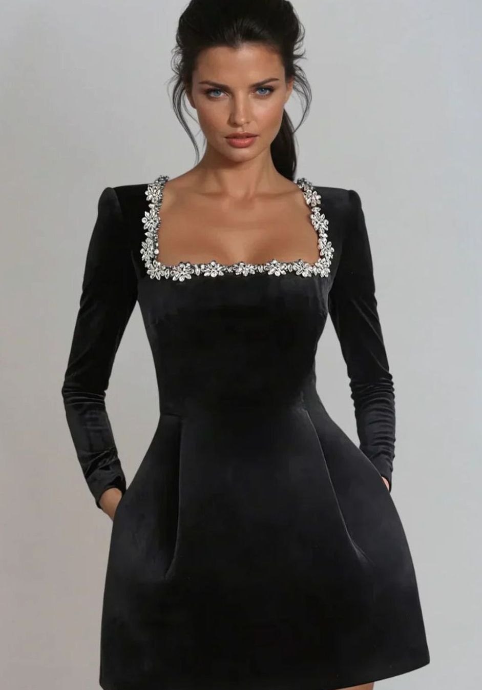Women's Long-Sleeve Velvet Crystal-Trim Mini Dress