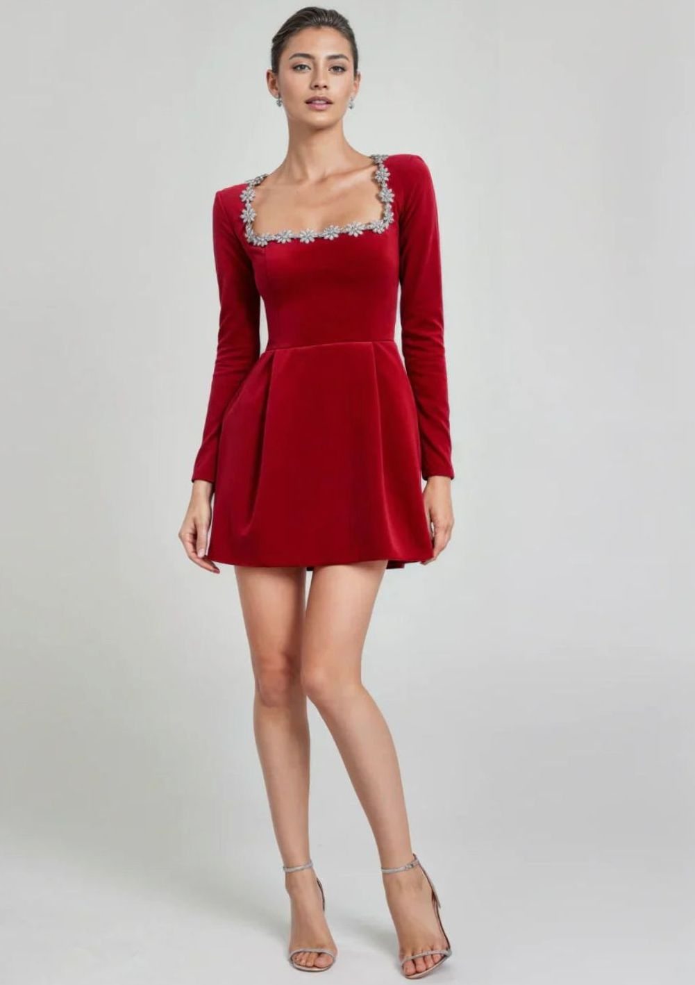 Women's Long-Sleeve Velvet Crystal-Trim Mini Dress