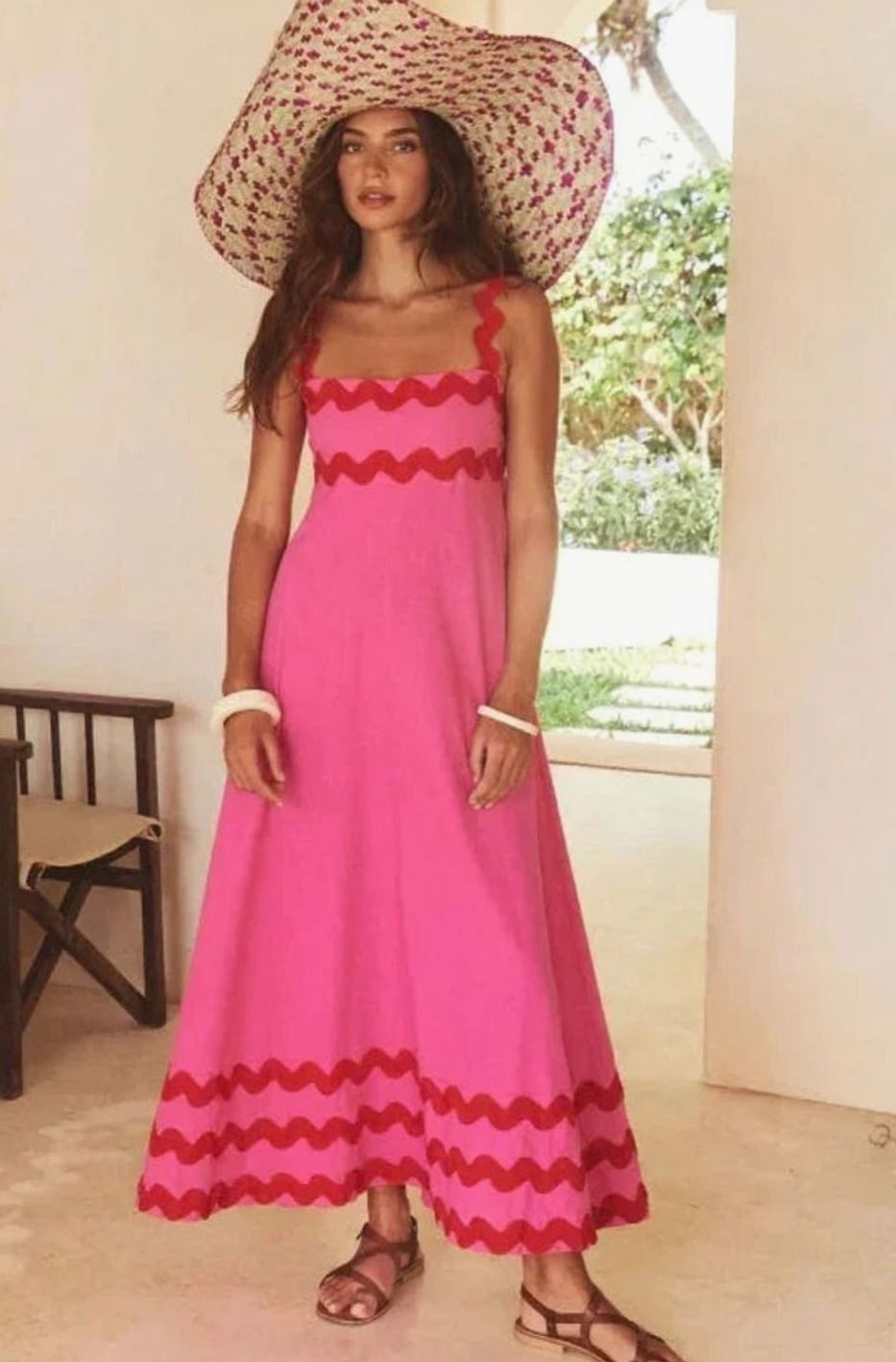Women's Long Sleeveless Maxi Dress Wavy Trim Detail