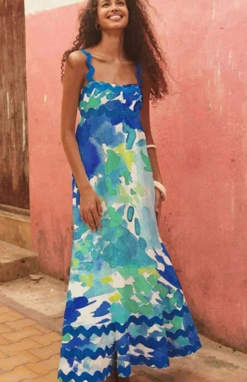Women's Long Sleeveless Maxi Dress Wavy Trim Detail - Green Blue