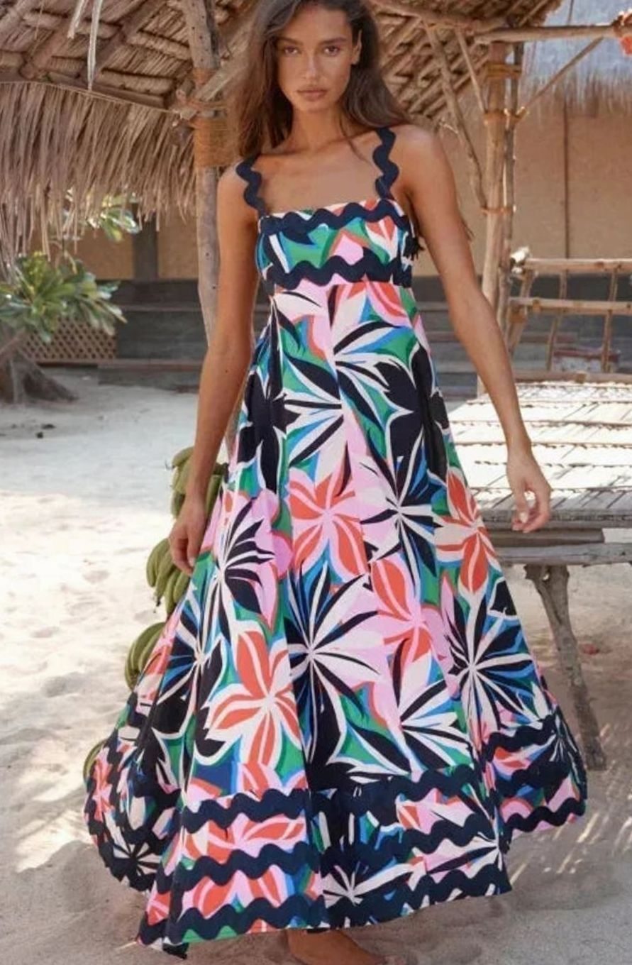 Women's Long Sleeveless Maxi Dress Wavy Trim Detail - Dark Blue
