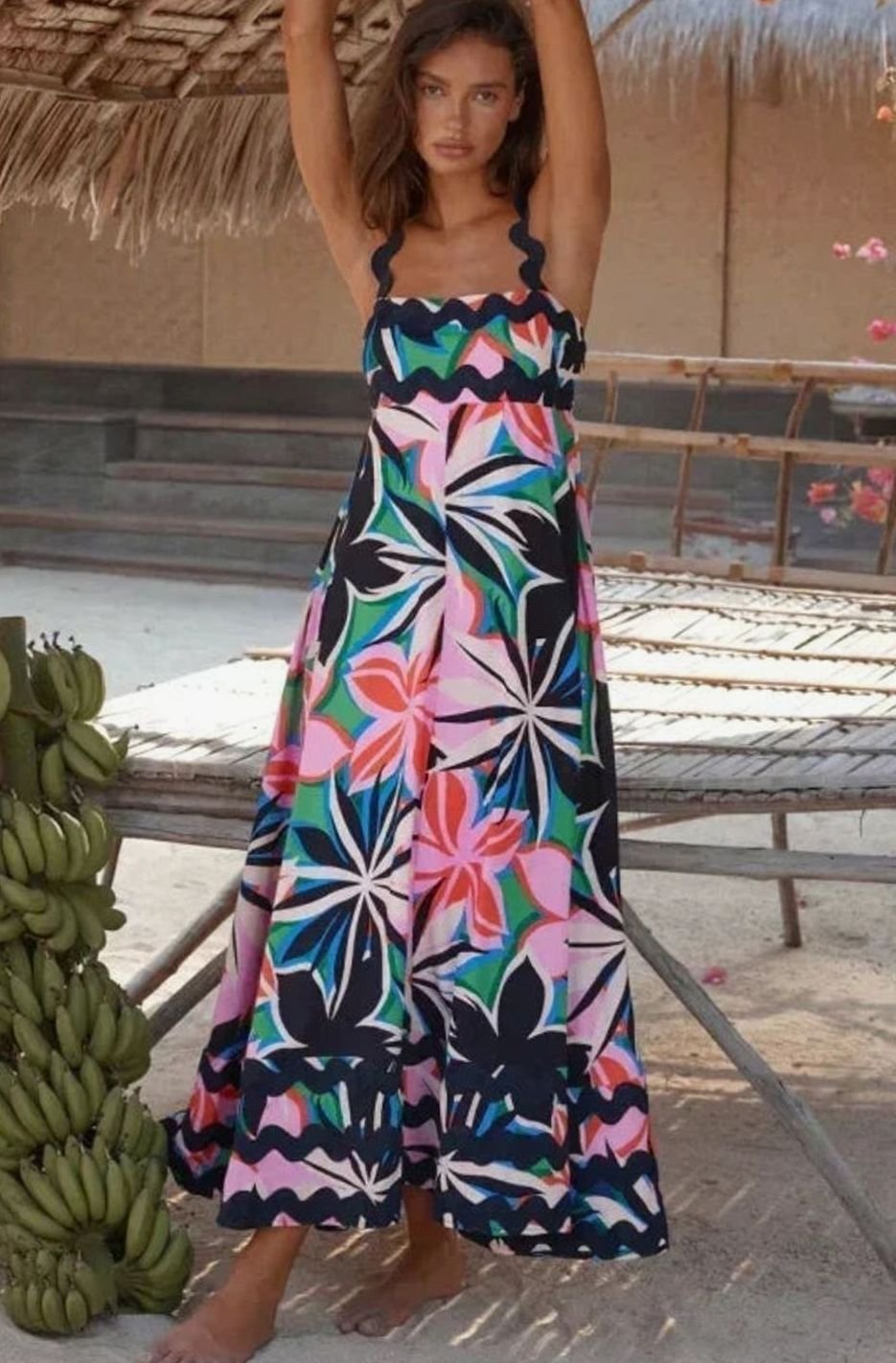 Women's Long Sleeveless Maxi Dress Wavy Trim Detail