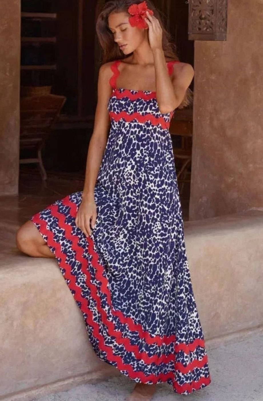 Women's Long Sleeveless Maxi Dress Wavy Trim Detail - Ocean Teal