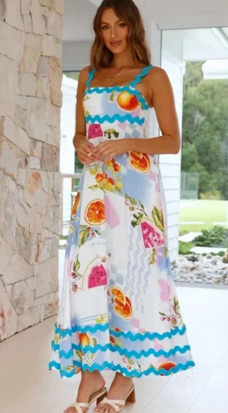 Women's Long Sleeveless Maxi Dress Wavy Trim Detail