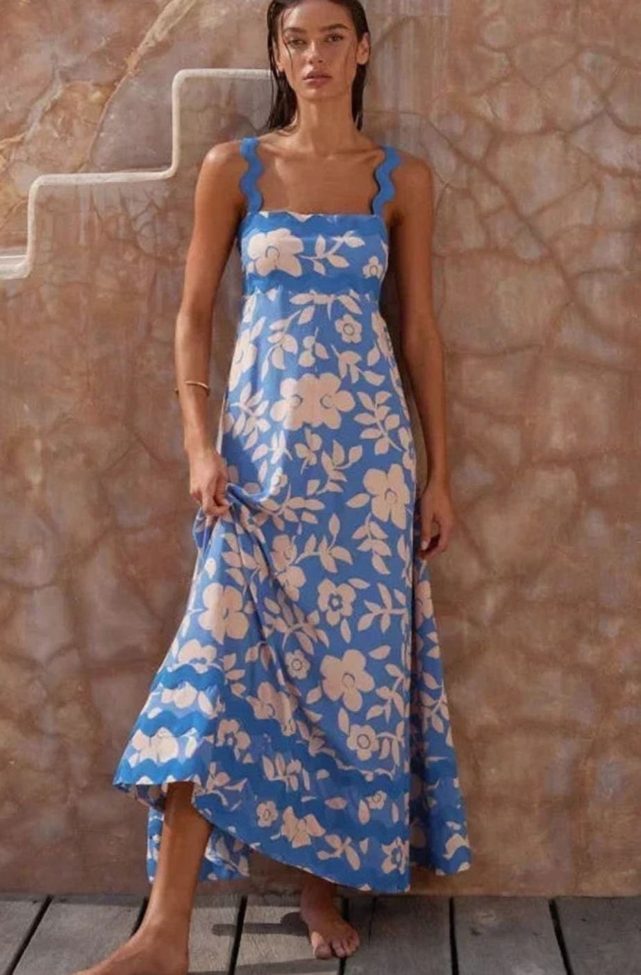 Women's Long Sleeveless Maxi Dress Wavy Trim Detail - Blue