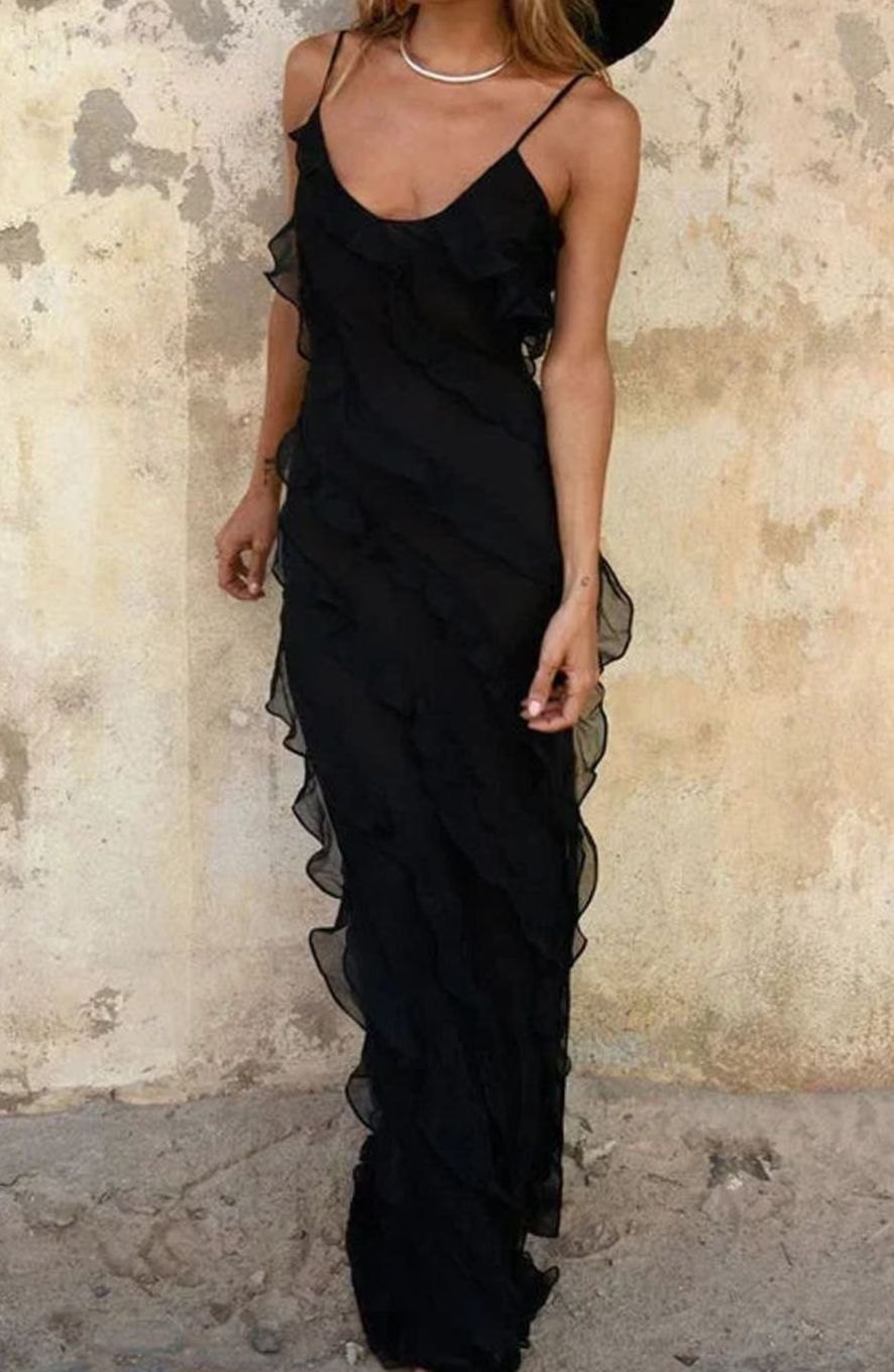 Women's Long Sleeveless Ruffle Maxi Dress V-Neck Slit - Black