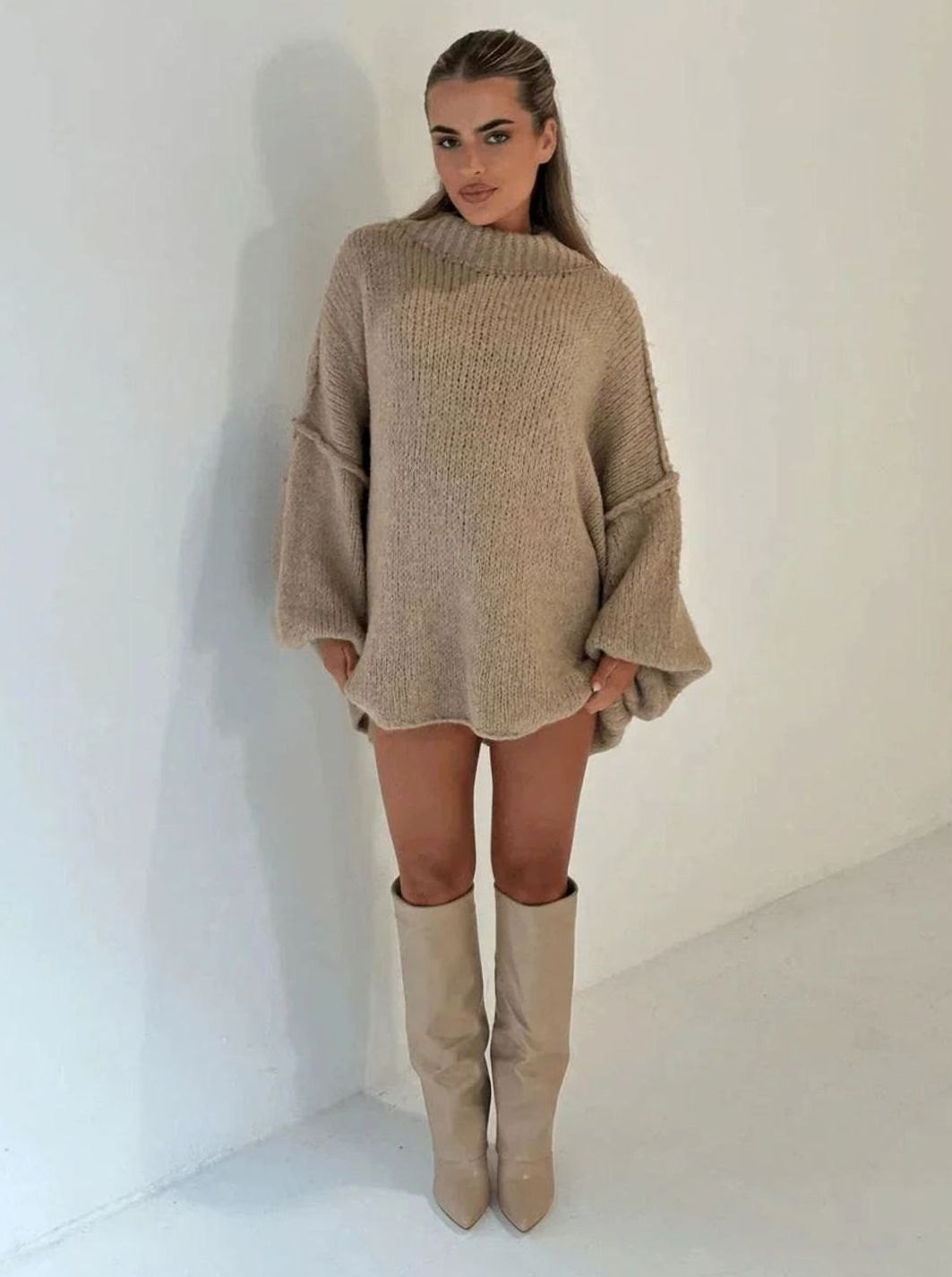 Women's Loose Knit Sweater Mock Turtleneck Pullover - Toffee