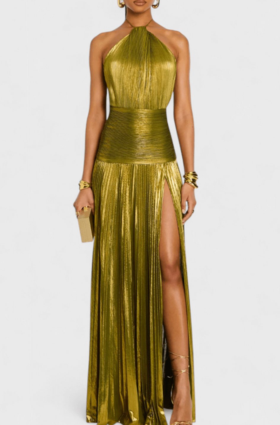 Women's Metallic Gold Halter-Neck Pleated Maxi Dress - Gold